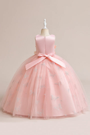 Robe fille sans manches en tulle rose avec appliques